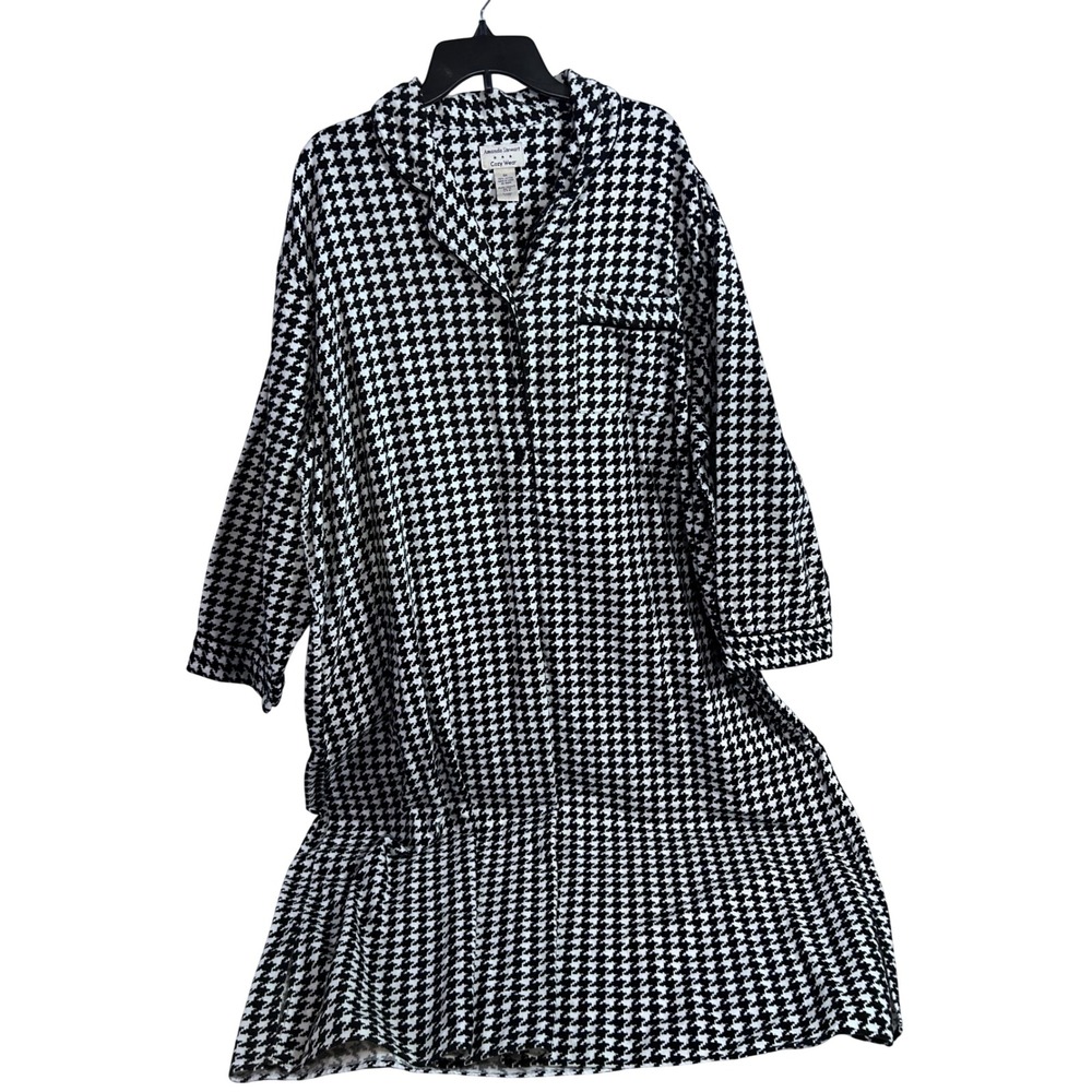 Amanda Stewart Nightgown 3X Black White Houndstooth Cotton Sleep Shirt Womens